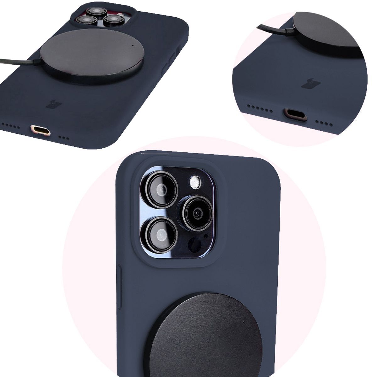 Prim-plan pe decupajele precise și posibilitatea de încărcare wireless în husa Bizon Soft Case