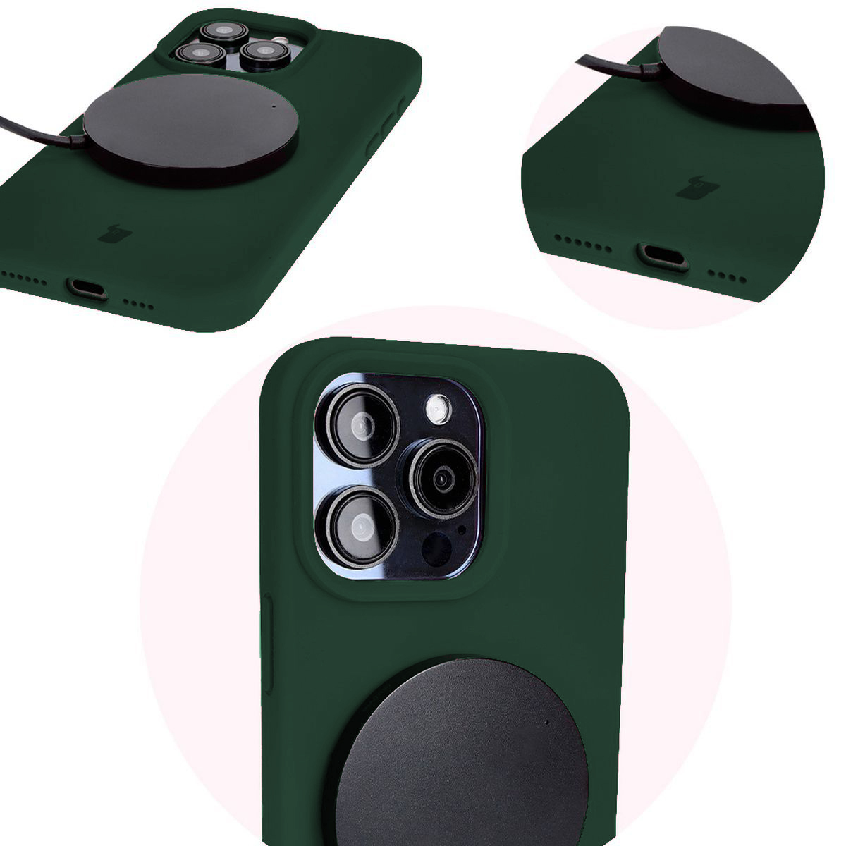 Prim-plan pe decupajele precise și posibilitatea de încărcare wireless în husa Bizon Soft Case