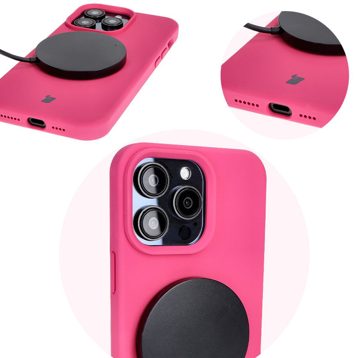 Detaliu al decupajelor precise și capacității de încărcare wireless în husa Bizon Soft Case