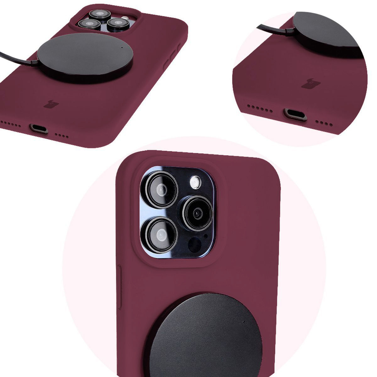 Prim-plan pe decupajele precise și posibilitatea de încărcare wireless în husa Bizon Soft Case
