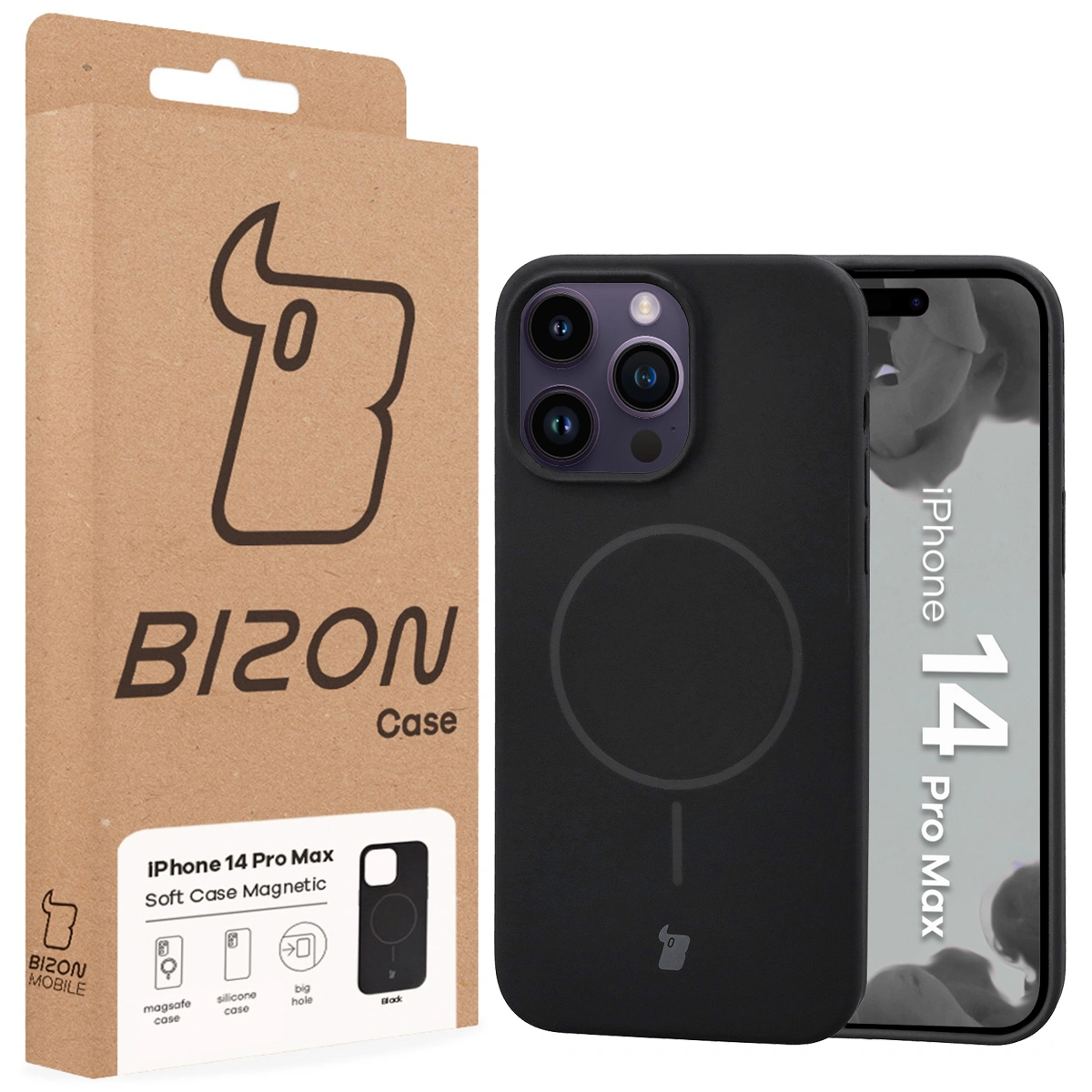 Przód pudełka Bizon Case z dedykowaną etykietą do Apple iPhone 14 Pro Max