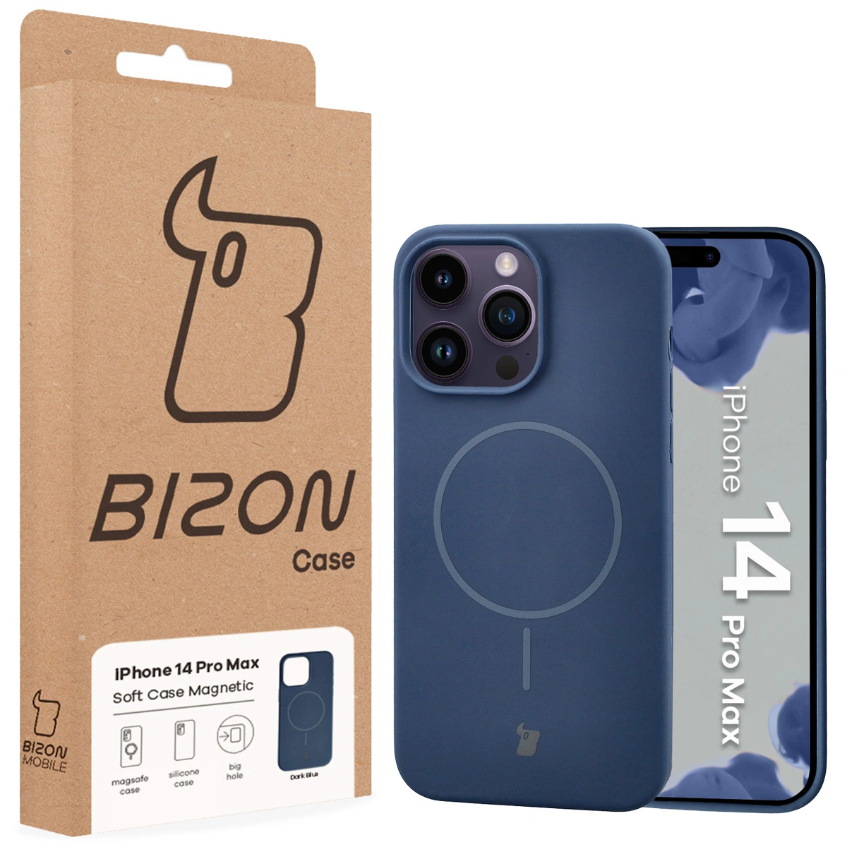 Przód pudełka Bizon Case z dedykowaną etykietą do Apple iPhone 14 Pro Max