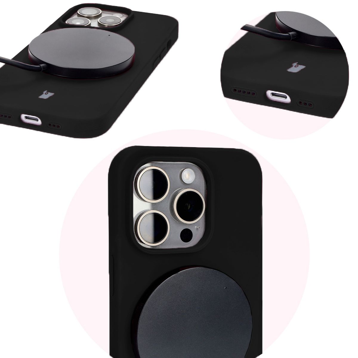 Prim-plan pe decupaje precise și posibilitatea de încărcare wireless în husa Bizon Soft Case