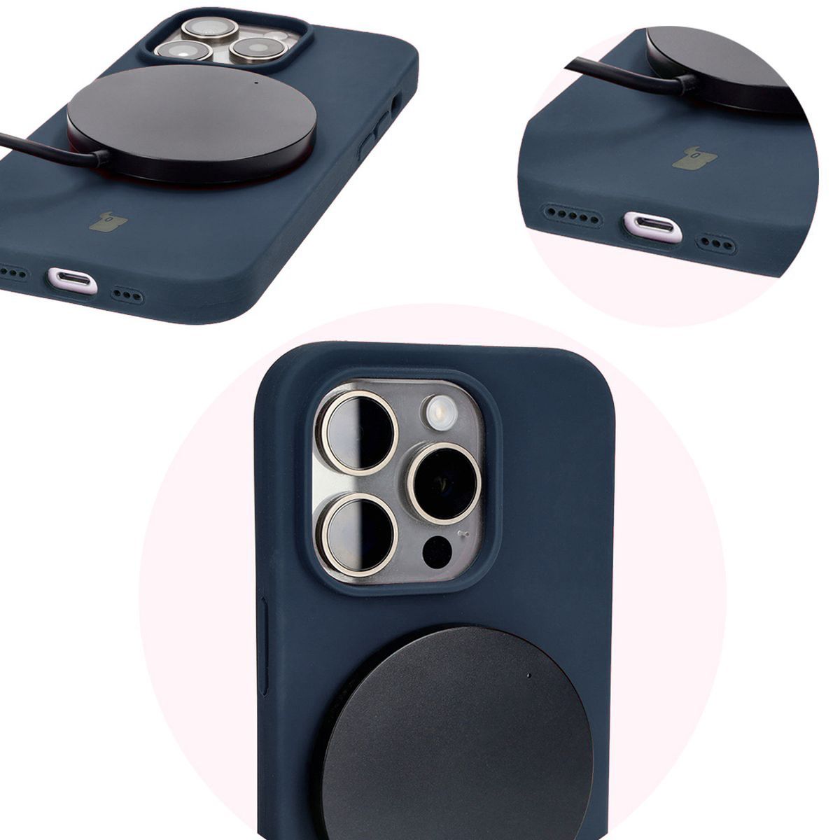 Prim plan al decupajelor precise și posibilitatea de încărcare wireless în husa Bizon Soft Case