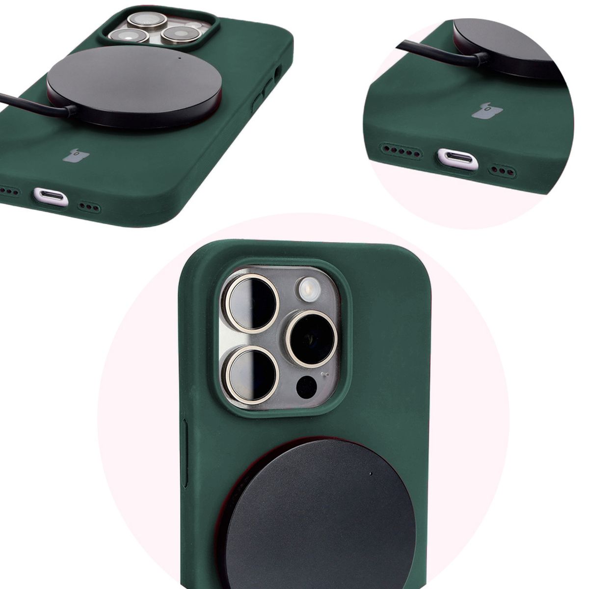 Prim-plan al decupajelor precise și posibilității de încărcare wireless în husa Bizon Soft Case