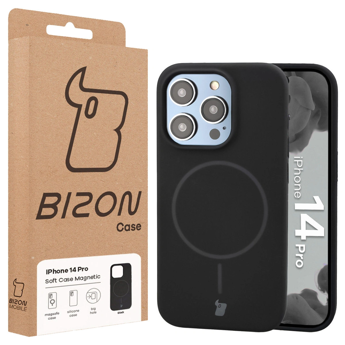 Przód pudełka Bizon Case z dedykowaną etykietą do Apple iPhone 14 Pro
