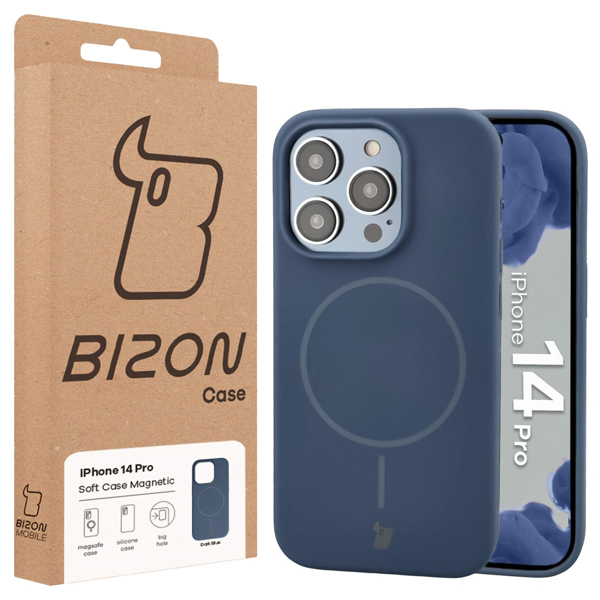 Przód pudełka Bizon Case z dedykowaną etykietą do Apple iPhone 14 Pro