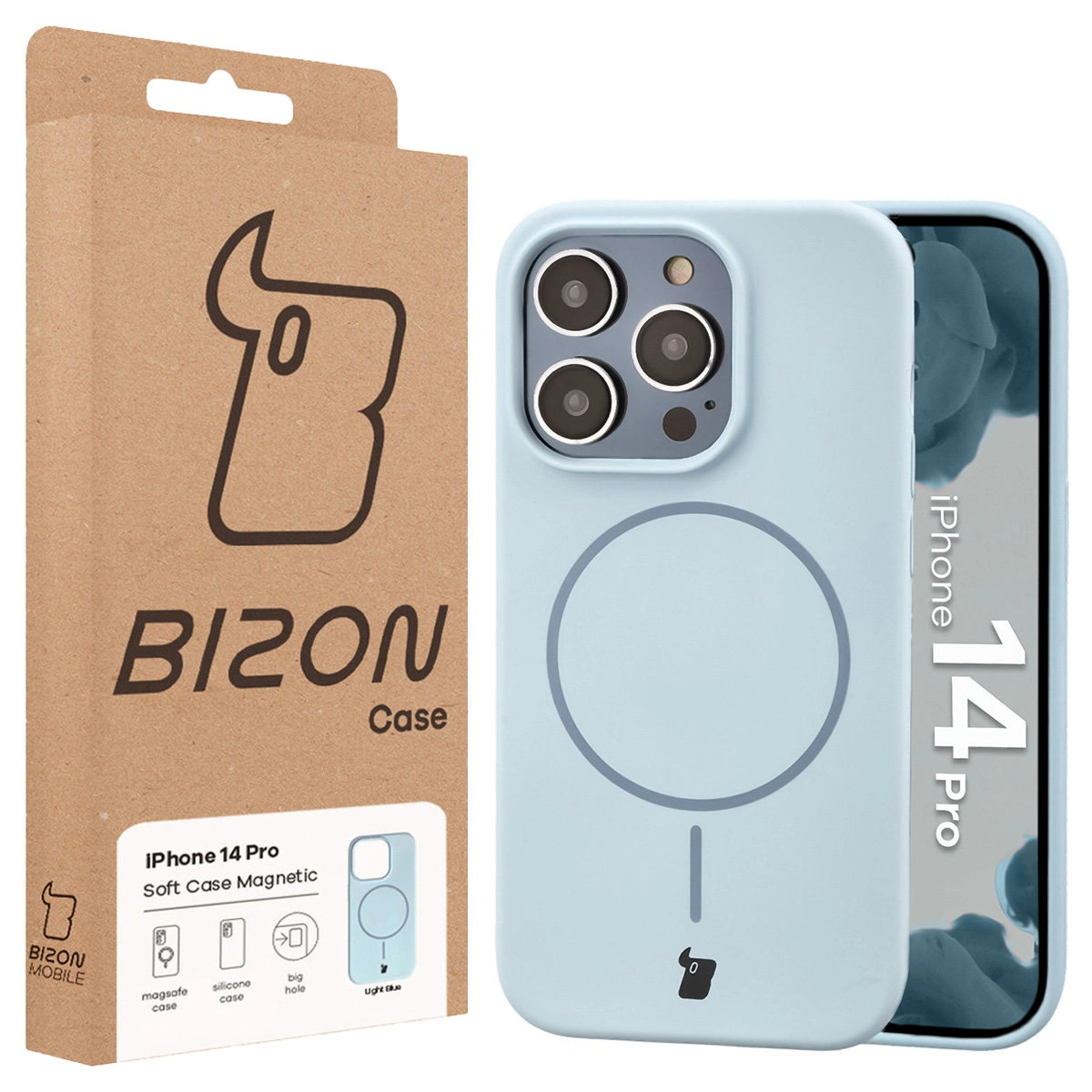 Przód pudełka Bizon Case z dedykowaną etykietą do Apple iPhone 14 Pro