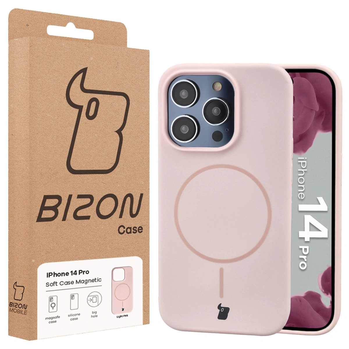 Przód pudełka Bizon Case z dedykowaną etykietą do Apple iPhone 14 Pro