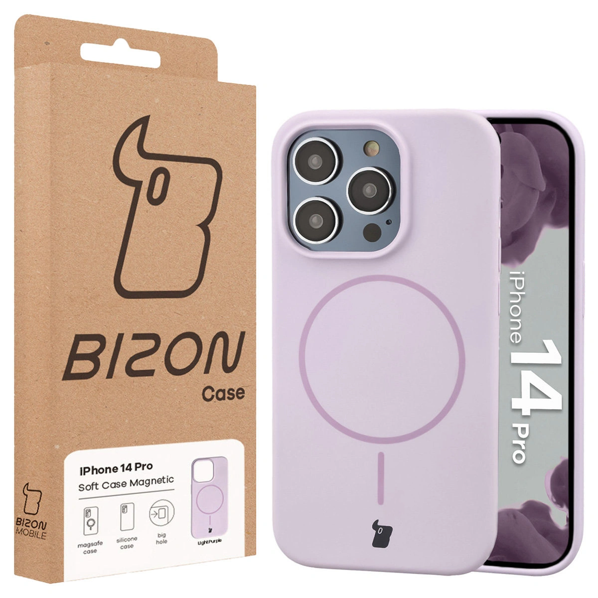 Przód pudełka Bizon Case z dedykowaną etykietą do Apple iPhone 14 Pro