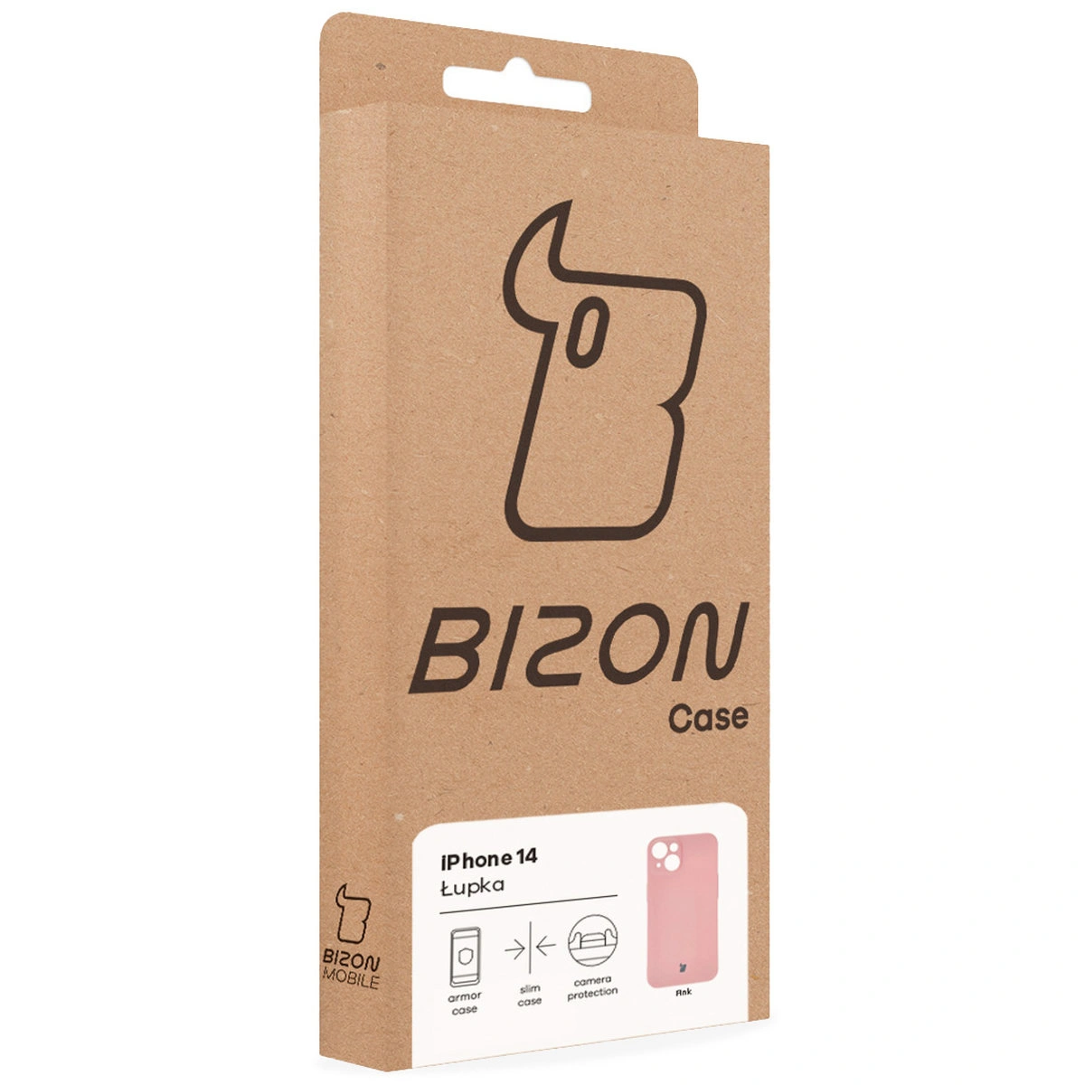 Fața cutiei Bizon Case cu eticheta dedicată pentru Apple iPhone 14