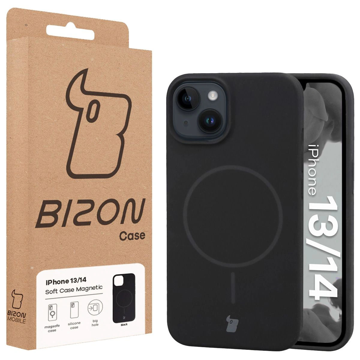 Przód pudełka Bizon Case z dedykowaną etykietą do Apple iPhone 14