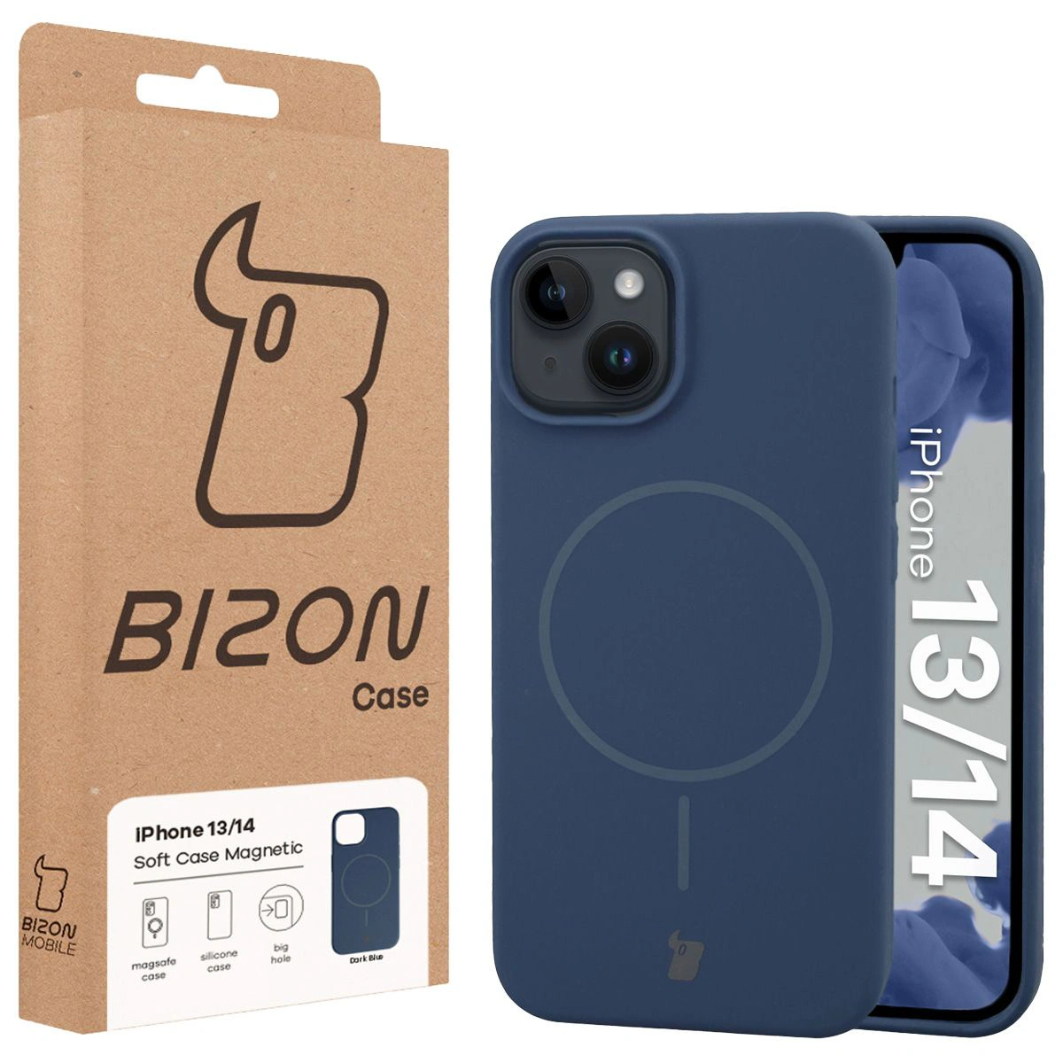 Przód pudełka Bizon Case z dedykowaną etykietą do Apple iPhone 14