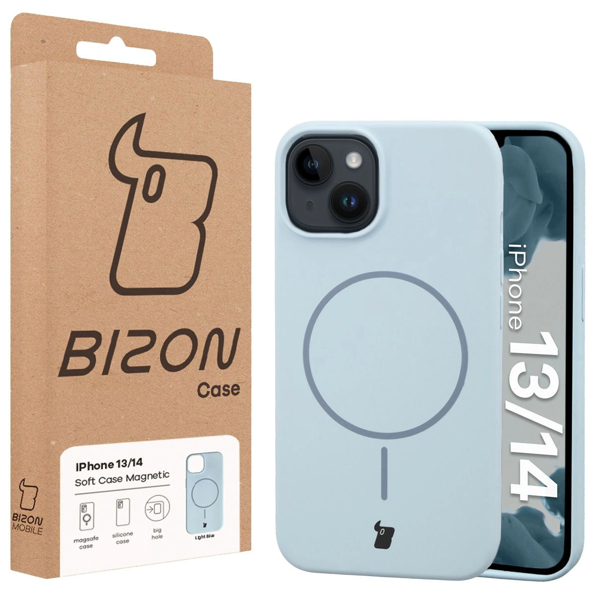 Przód pudełka Bizon Case z dedykowaną etykietą do Apple iPhone 14