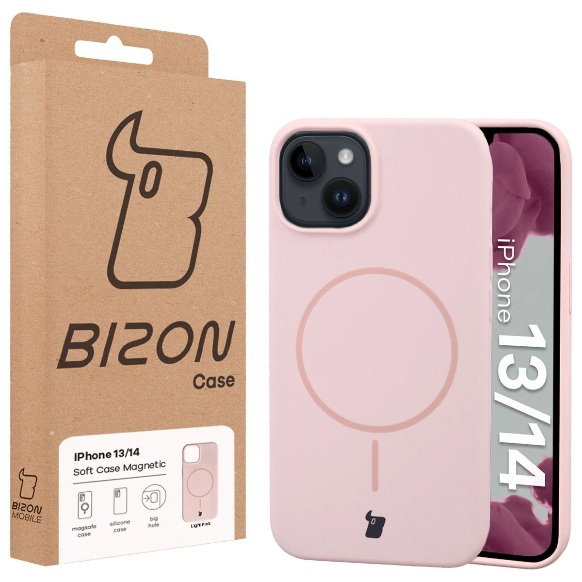Przód pudełka Bizon Case z dedykowaną etykietą do Apple iPhone 14