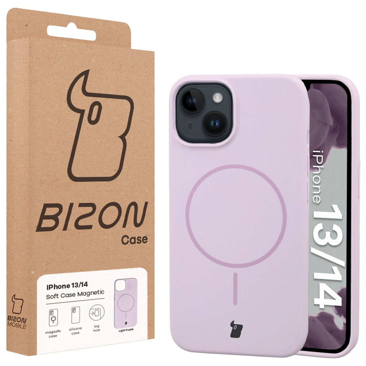 Przód pudełka Bizon Case z dedykowaną etykietą do Apple iPhone 14