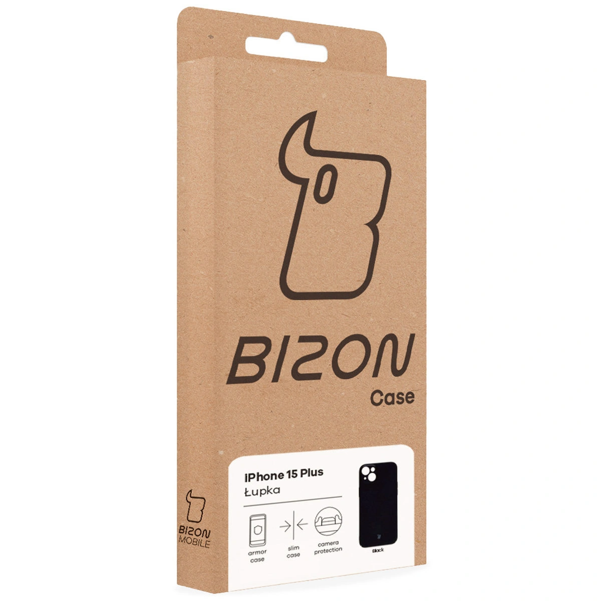 Front of the Bizon Case box with a dedicated label for Apple iPhone 15 Plus