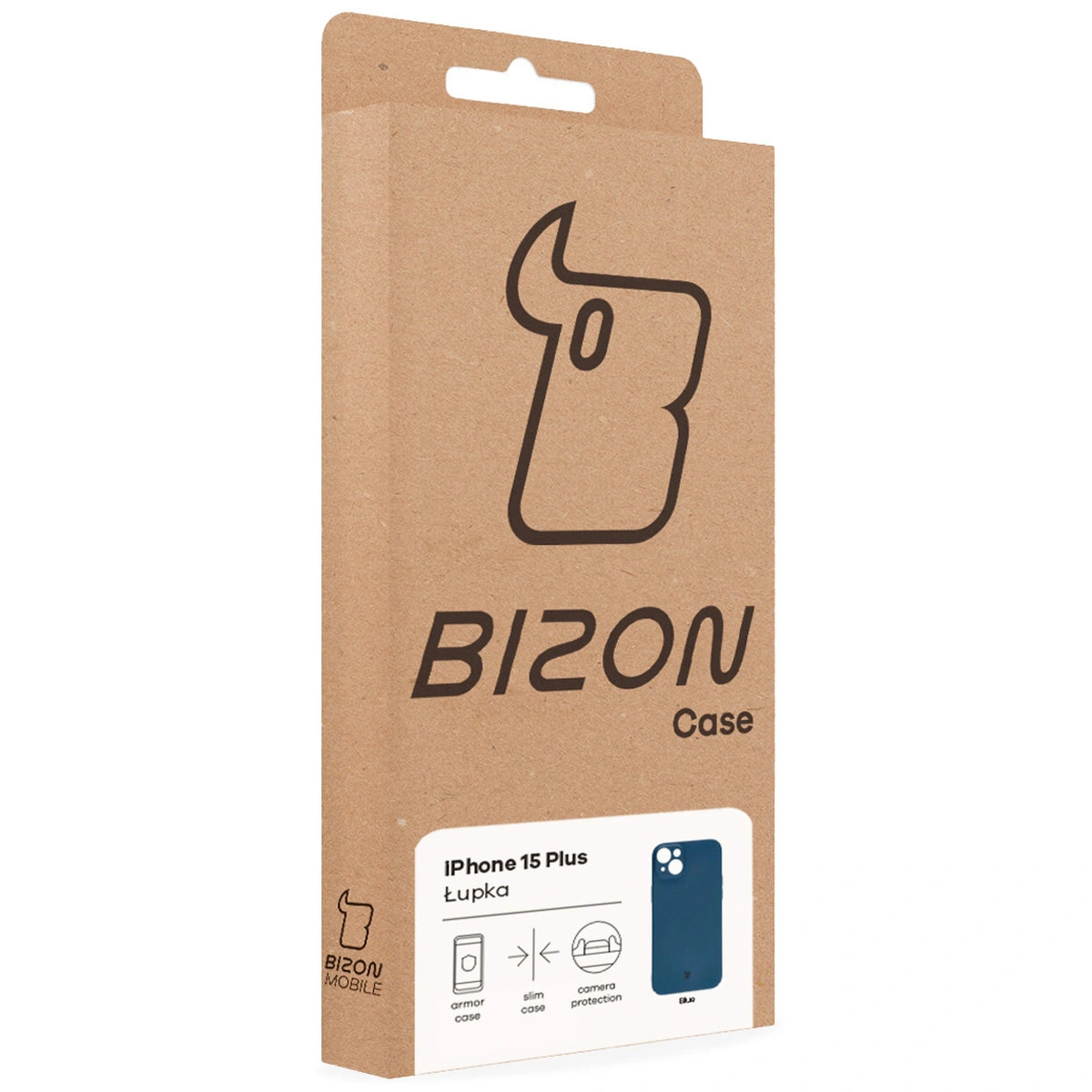 Fața cutiei Bizon Case cu eticheta dedicată pentru Apple iPhone 15 Plus
