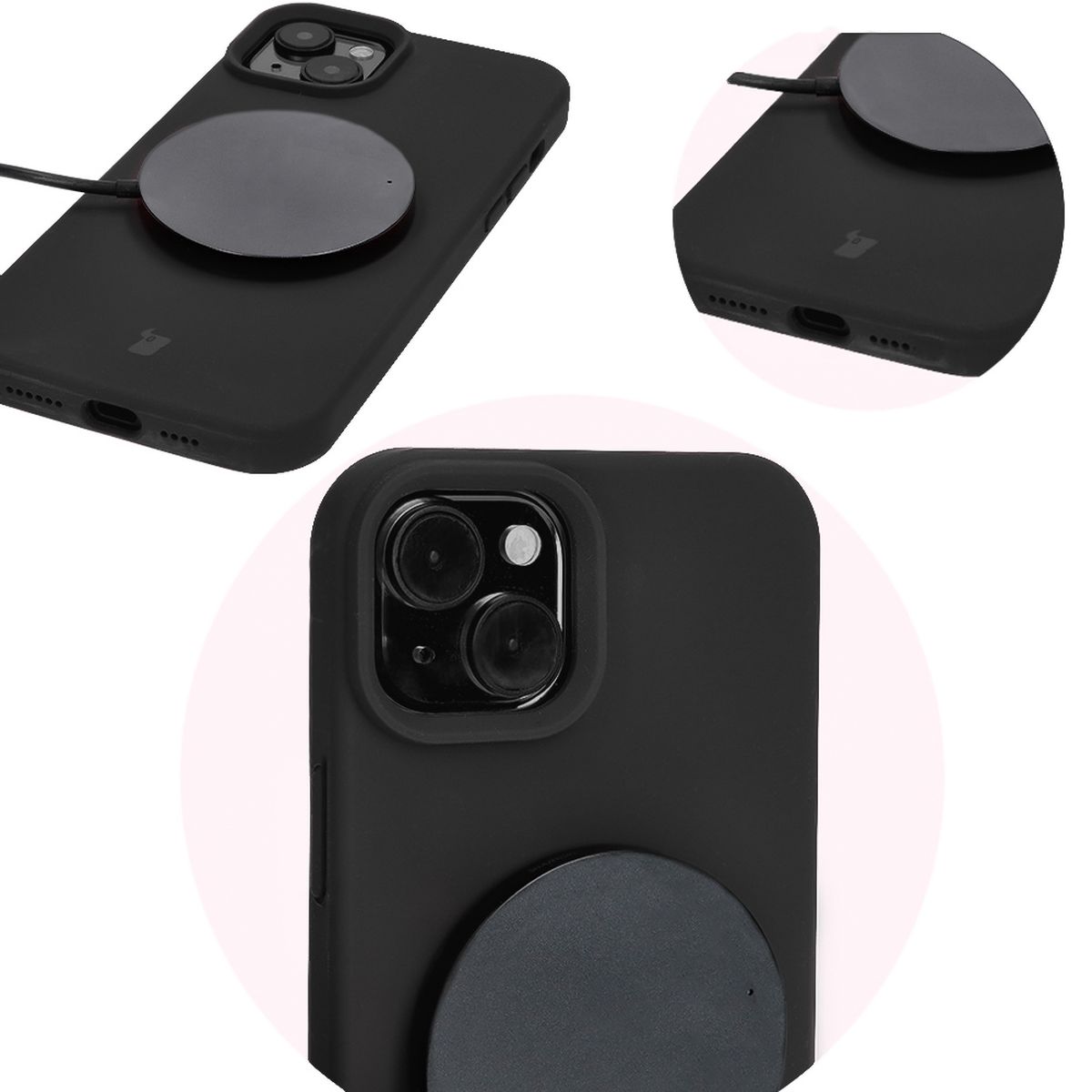 Prim-plan al decupajelor precise și posibilitatea de încărcare wireless în husa Bizon Soft Case