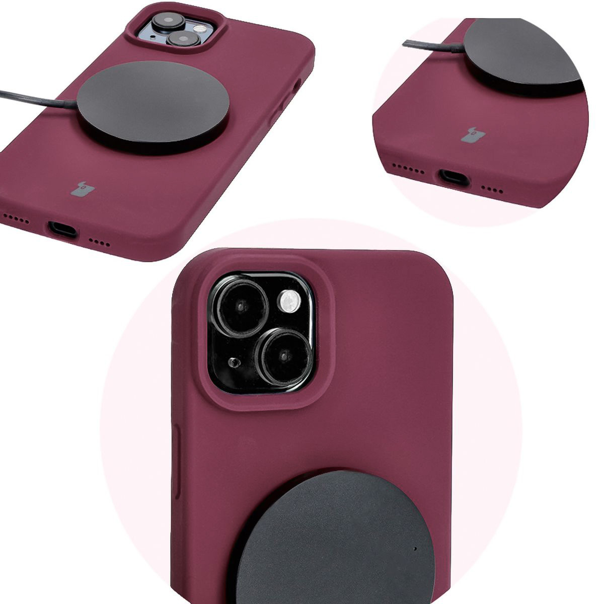 Prim-plan pe decupajele precise și posibilitatea de încărcare wireless în husa Bizon Soft Case