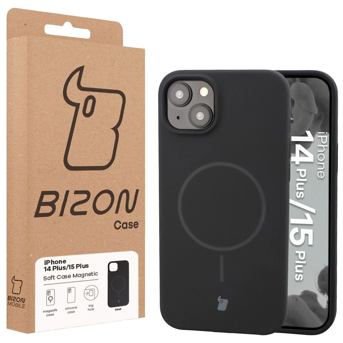 Przód pudełka Bizon Case z dedykowaną etykietą do Apple iPhone 15 Plus