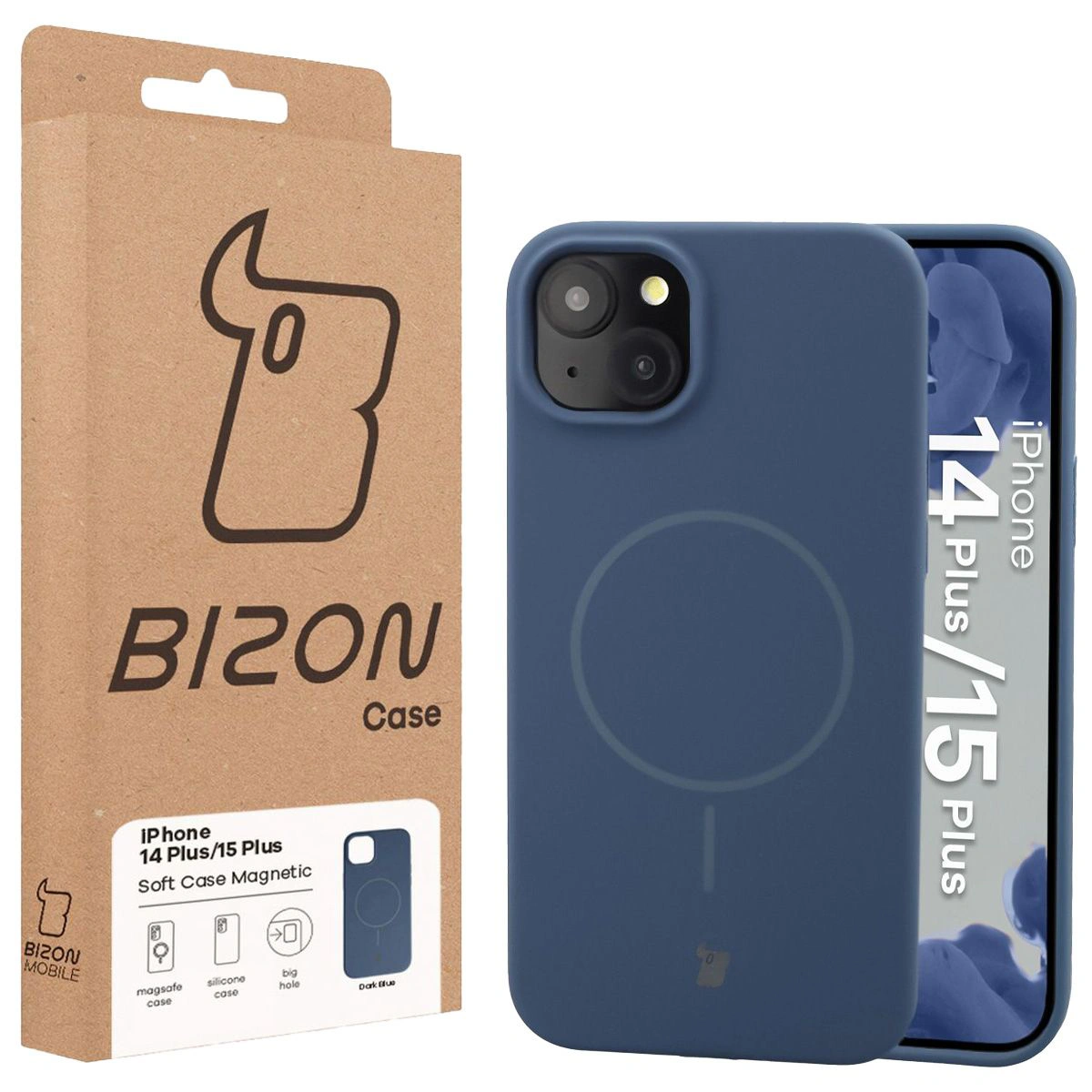 Przód pudełka Bizon Case z dedykowaną etykietą do Apple iPhone 15 Plus