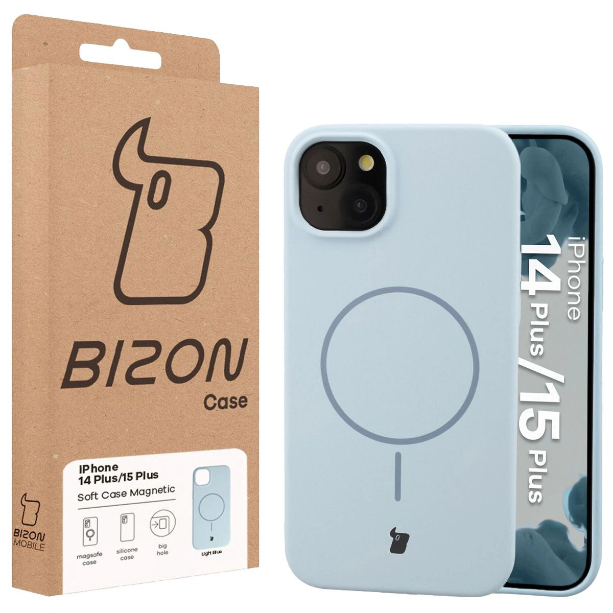 Przód pudełka Bizon Case z dedykowaną etykietą do Apple iPhone 15 Plus