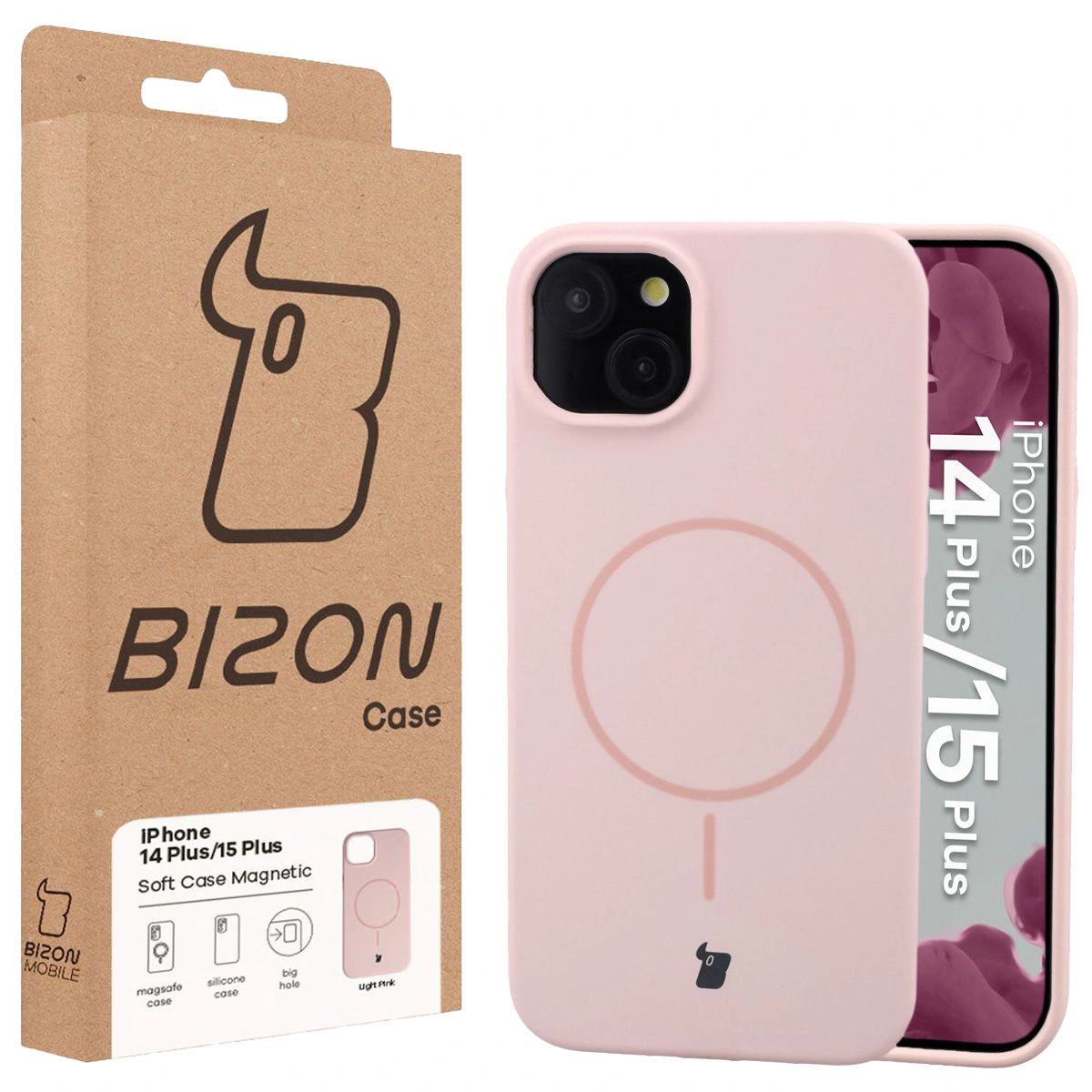 Przód pudełka Bizon Case z dedykowaną etykietą do Apple iPhone 15 Plus