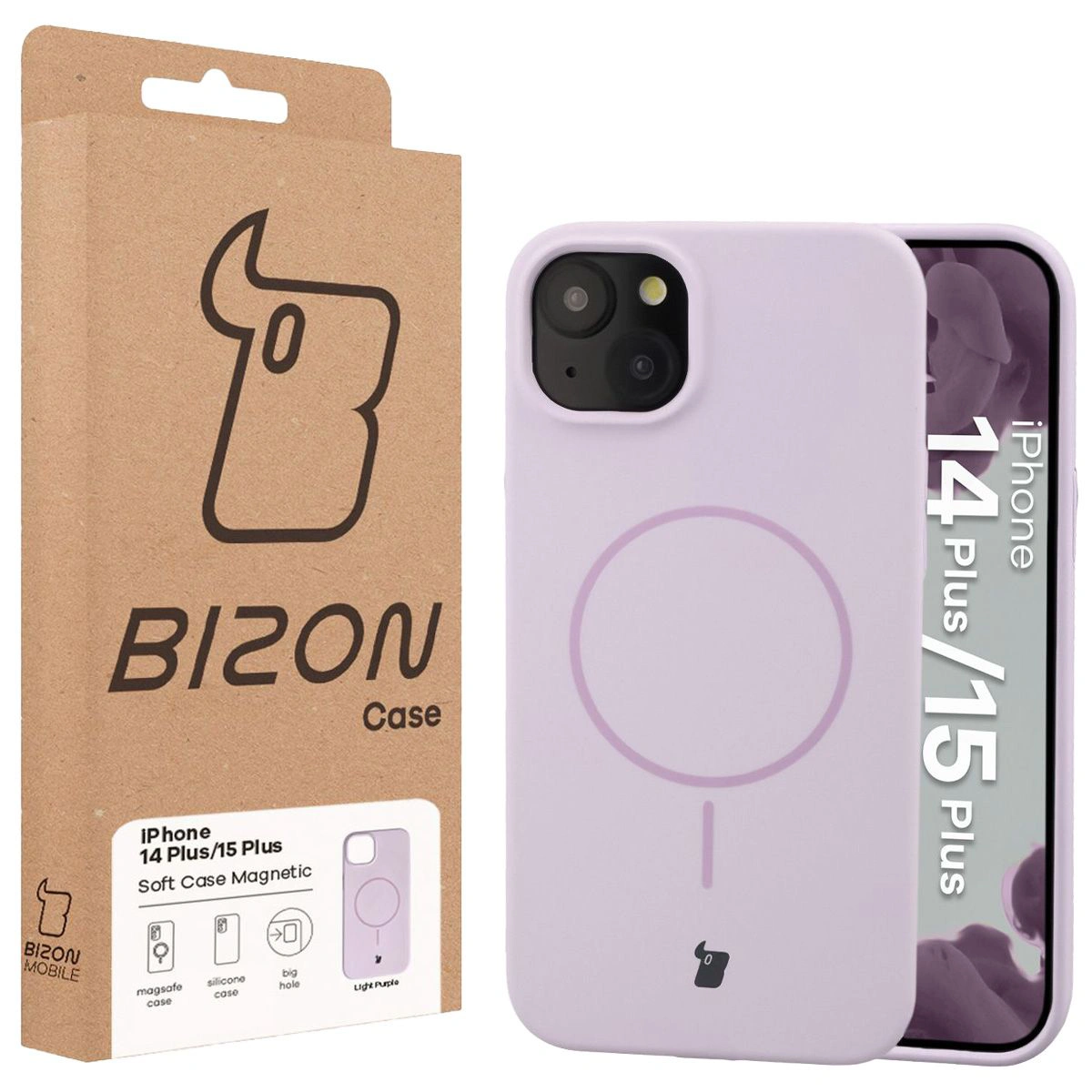 Przód pudełka Bizon Case z dedykowaną etykietą do Apple iPhone 15 Plus