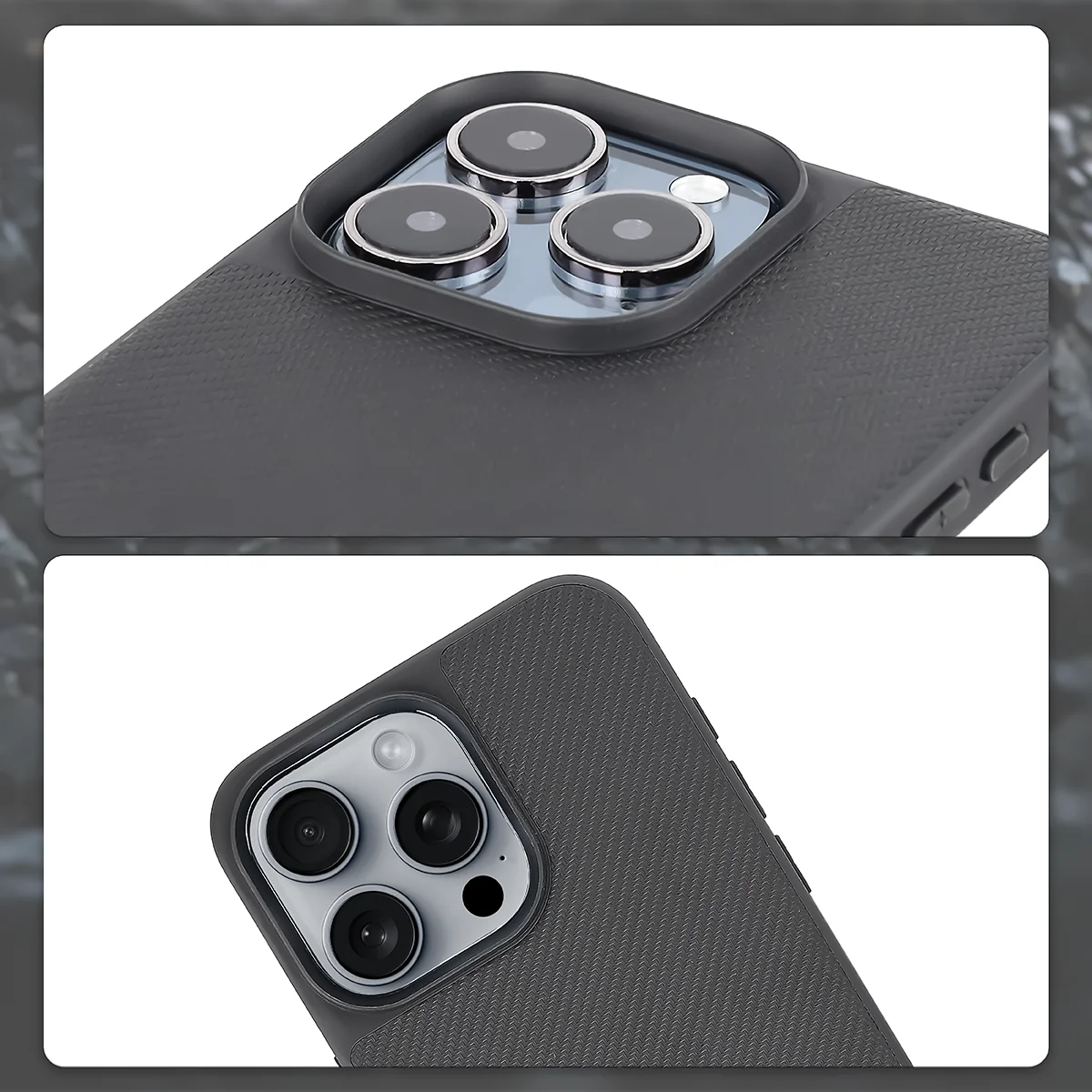 Raised camera edges and cutout for the camera in the Bizon Case CarbO for Apple iPhone 15 Pro Max