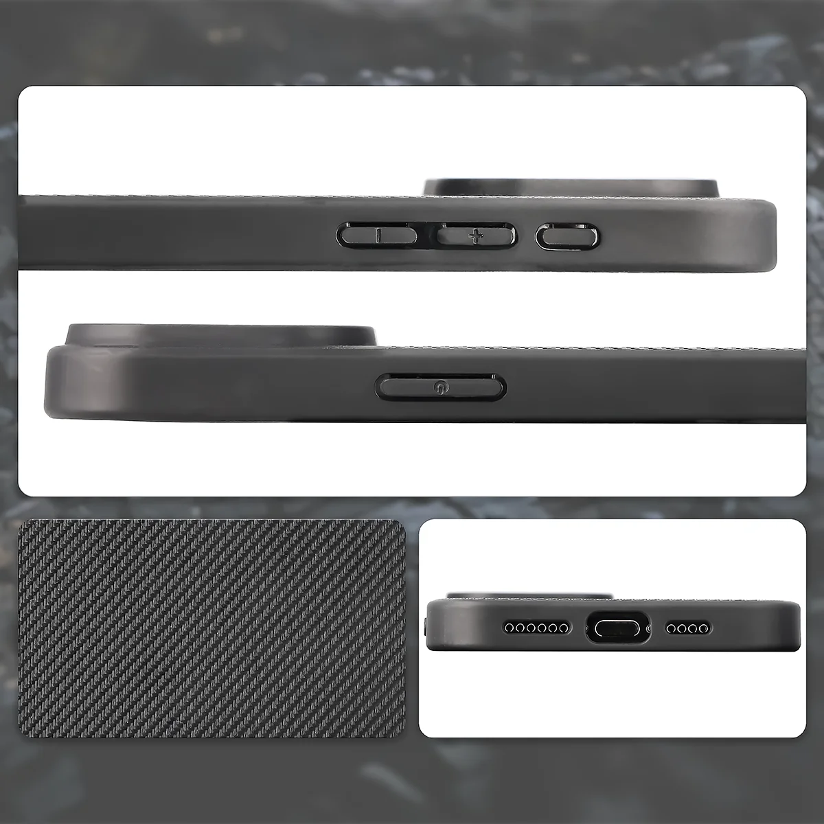 Cutouts, integrated covers, and structure of the Bizon Case CarbO for Apple iPhone 15 Pro Max