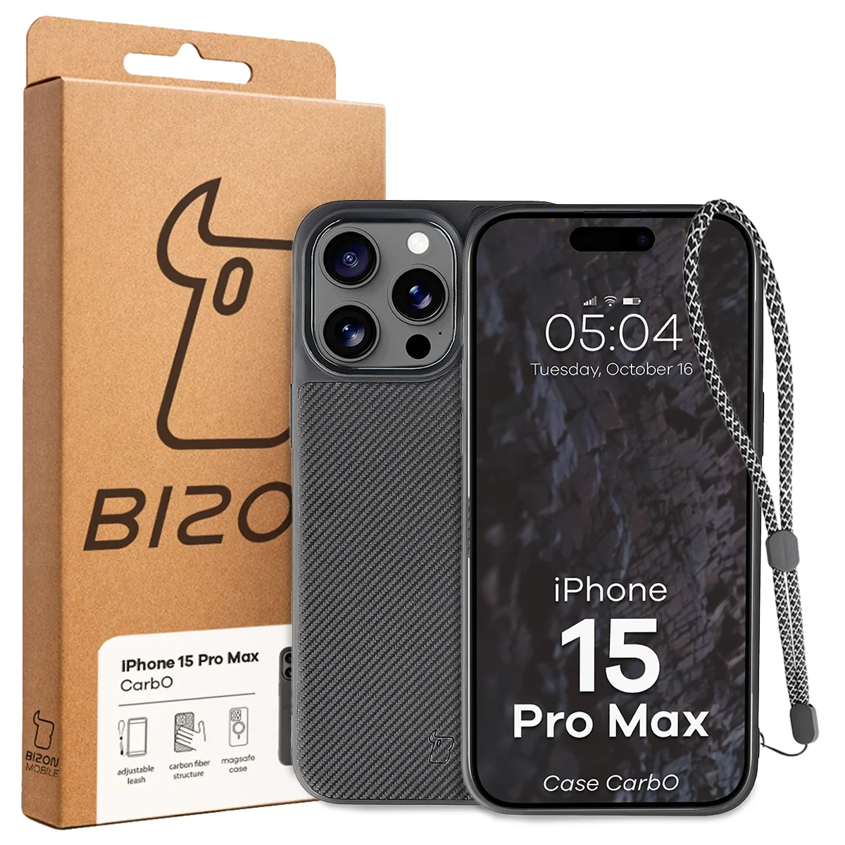 Front of the Bizon Case box with a dedicated label for Apple iPhone 15 Pro Max