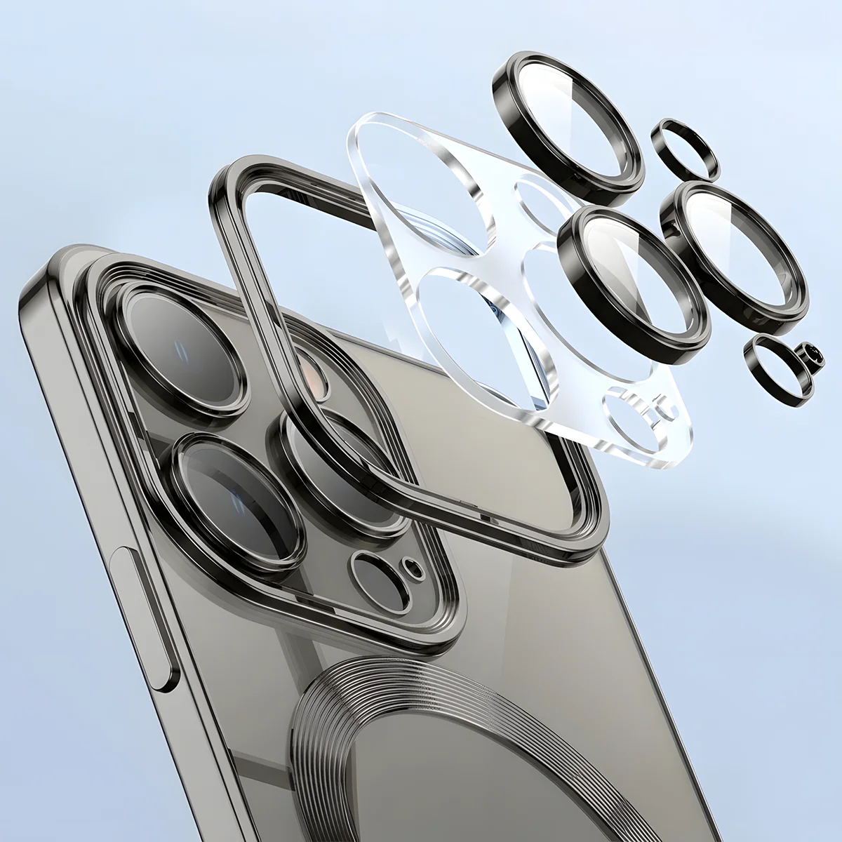 Metaliczna ramka, podniesione krawędzie i zintegrowane osłony w etui Bizon Case GuardO do Apple iPhone 15 Pro Max