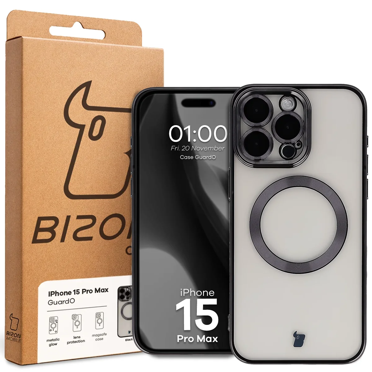 Przód pudełka Bizon Case z dedykowaną etykietą do Apple iPhone 15 Pro Max