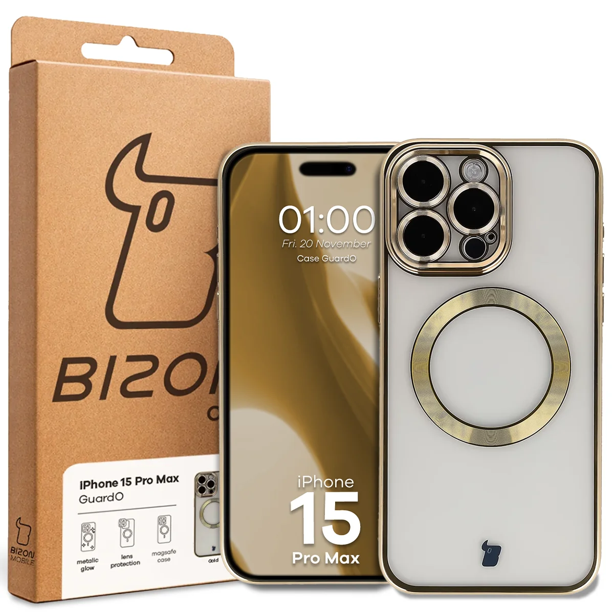Przód pudełka Bizon Case z dedykowaną etykietą do Apple iPhone 15 Pro Max