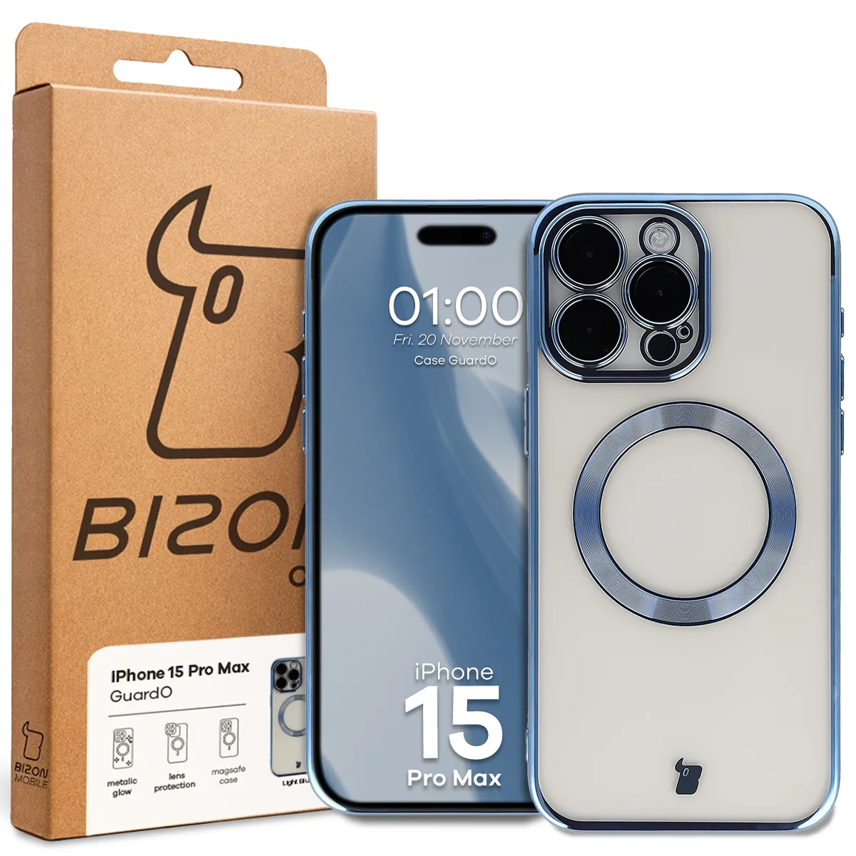Przód pudełka Bizon Case z dedykowaną etykietą do Apple iPhone 15 Pro Max