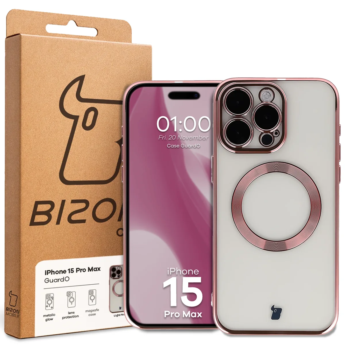 Przód pudełka Bizon Case z dedykowaną etykietą do Apple iPhone 15 Pro Max