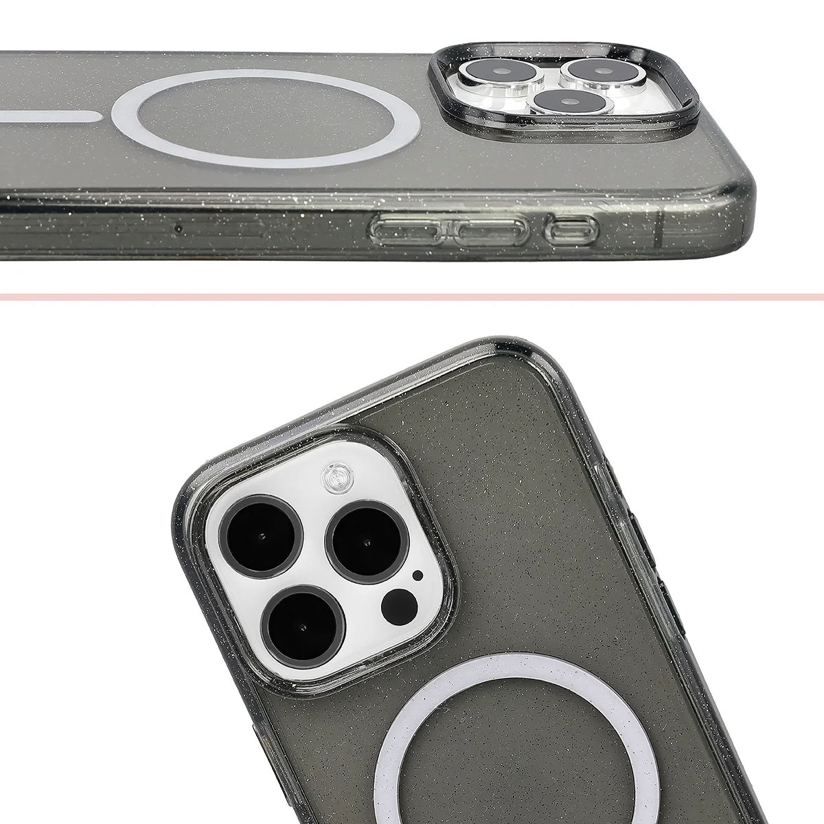 Podwyższone krawędzie aparatu i duże wycięcie w etui Bizon Case SparklO do Apple iPhone 15 Pro Max