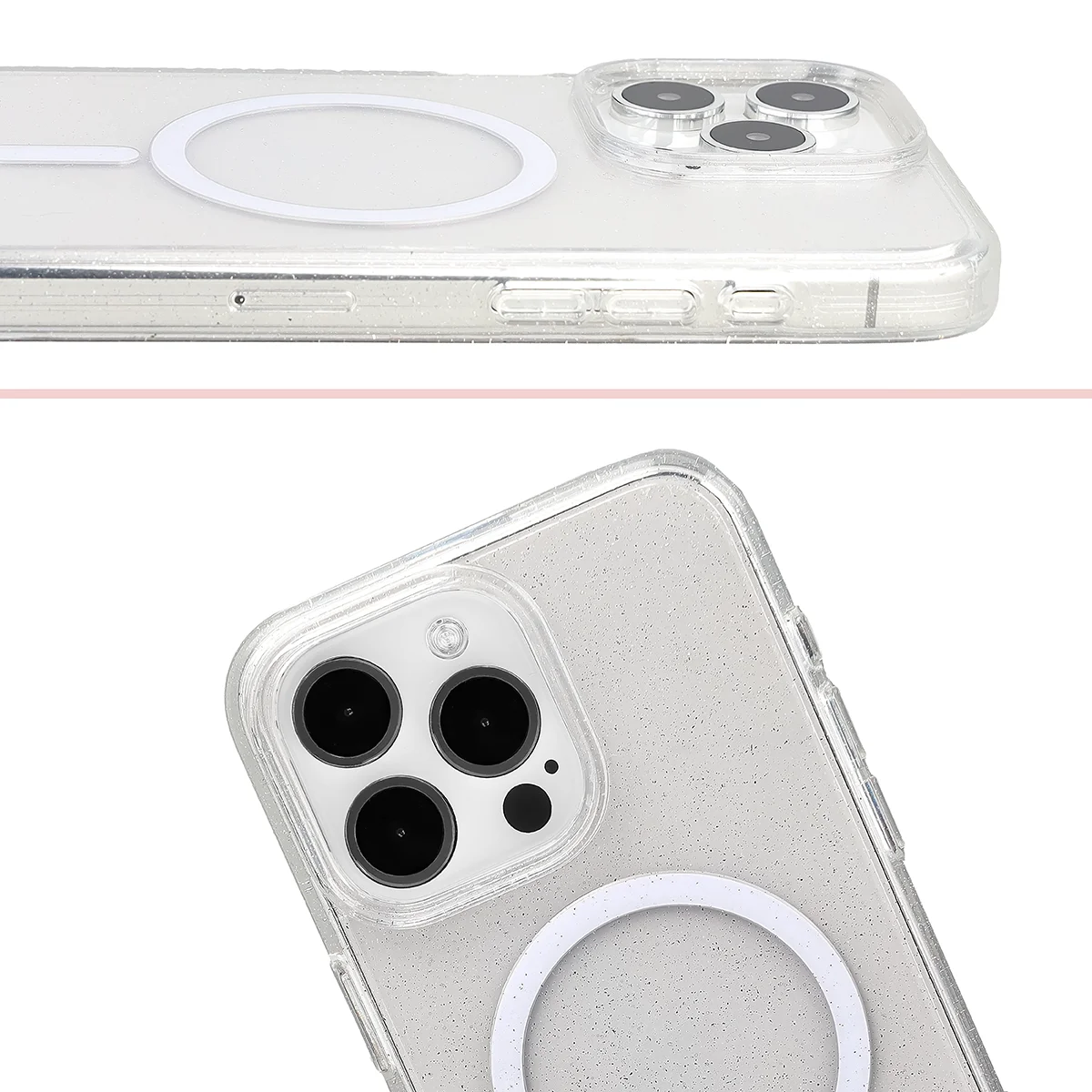 Podwyższone krawędzie aparatu i duże wycięcie w etui Bizon Case SparklO do Apple iPhone 15 Pro Max