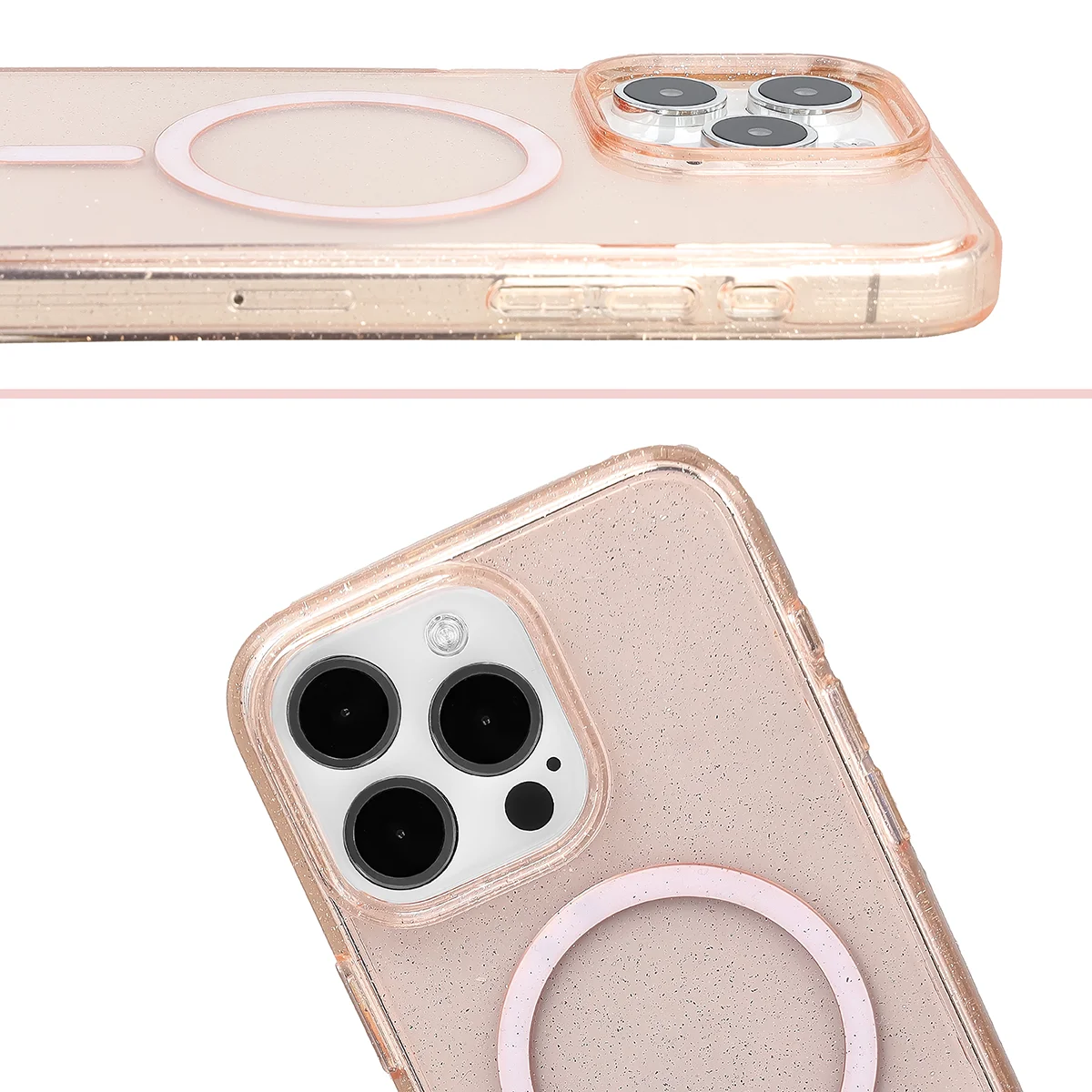 Podwyższone krawędzie aparatu i duże wycięcie w etui Bizon Case SparklO do Apple iPhone 15 Pro Max