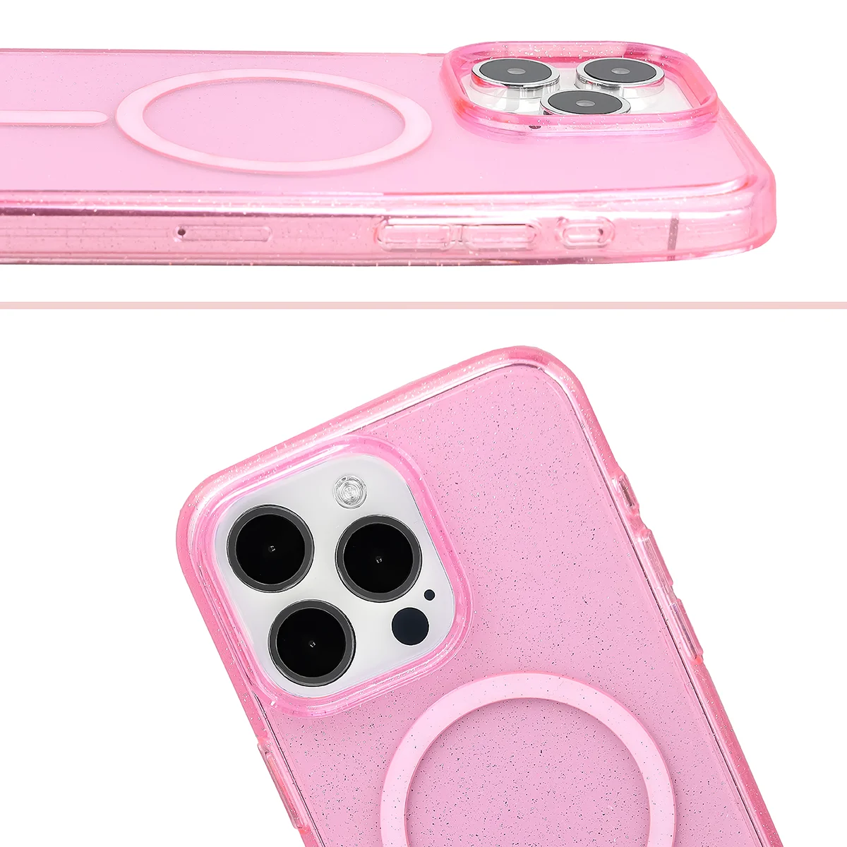 Podwyższone krawędzie aparatu i duże wycięcie w etui Bizon Case SparklO do Apple iPhone 15 Pro Max