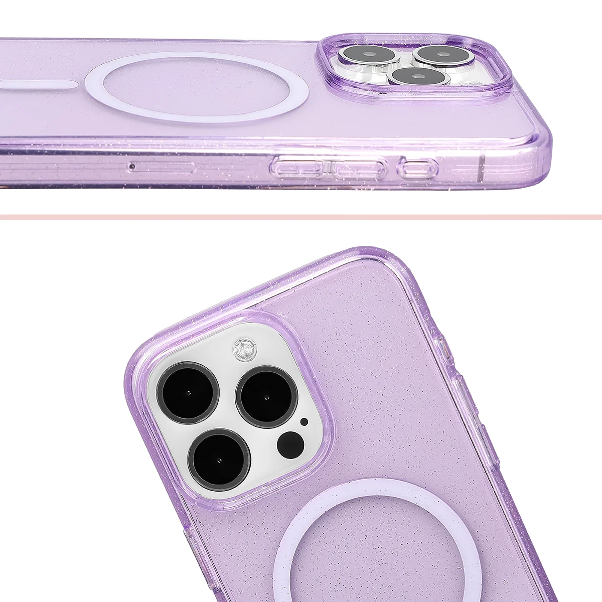 Podwyższone krawędzie aparatu i duże wycięcie w etui Bizon Case SparklO do Apple iPhone 15 Pro Max