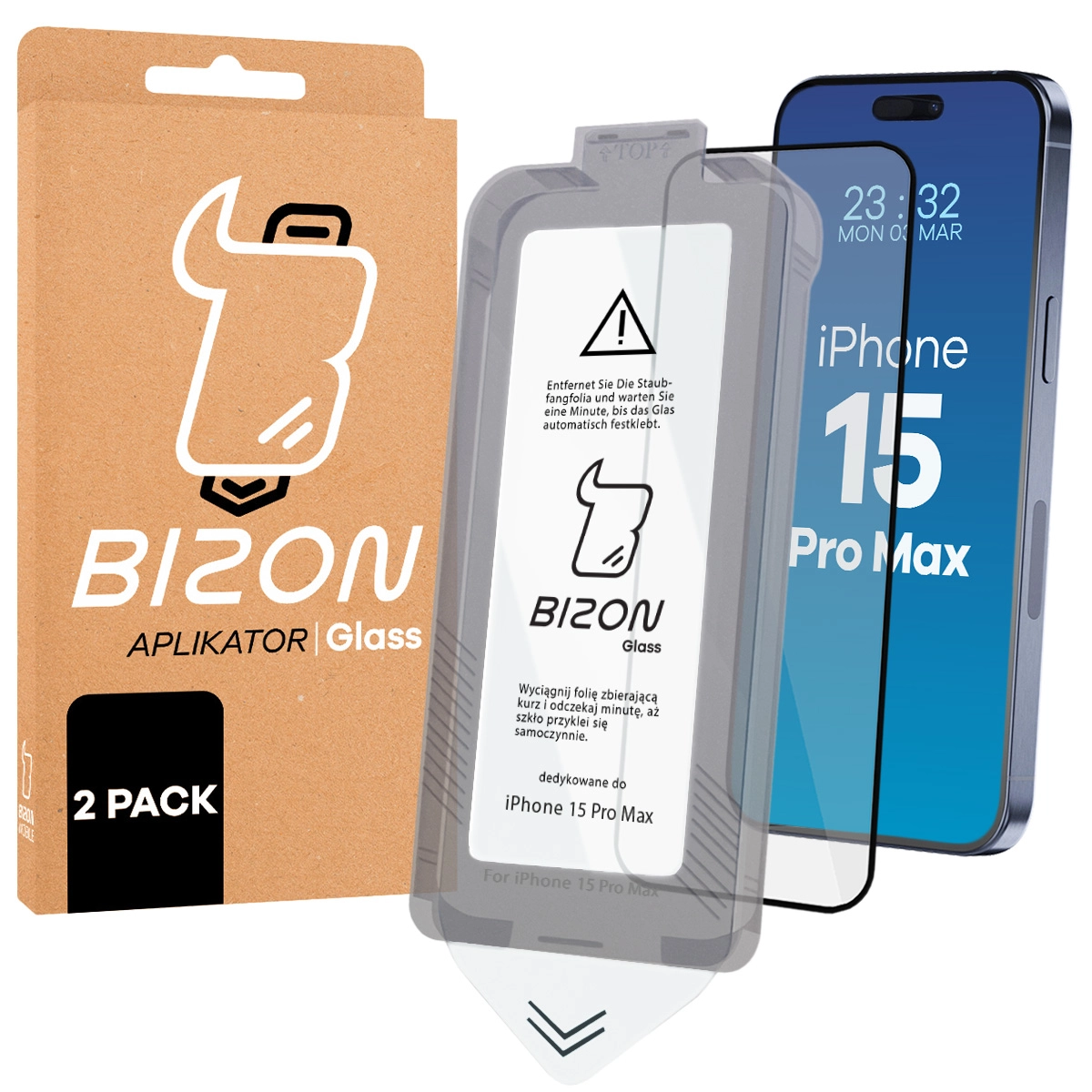 Szkło hartowane z ramką do montażu Bizon Glass Aplikator do iPhone 15 Pro Max, 2 sztuki