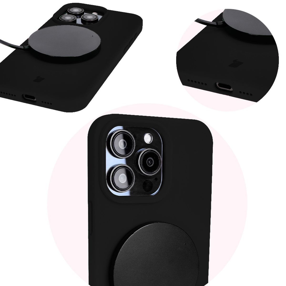 Prim-plan al decupajelor precise și al posibilității de încărcare wireless în husa Bizon Soft Case