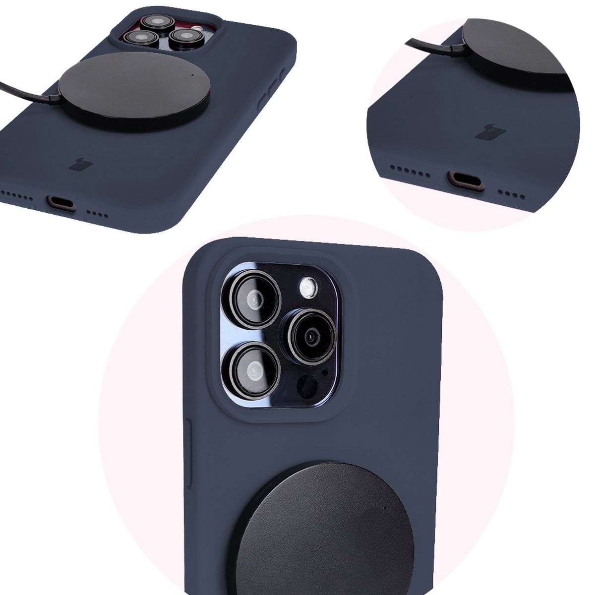 Prim-plan al decupajelor precise și posibilitatea de încărcare wireless în husa Bizon Soft Case