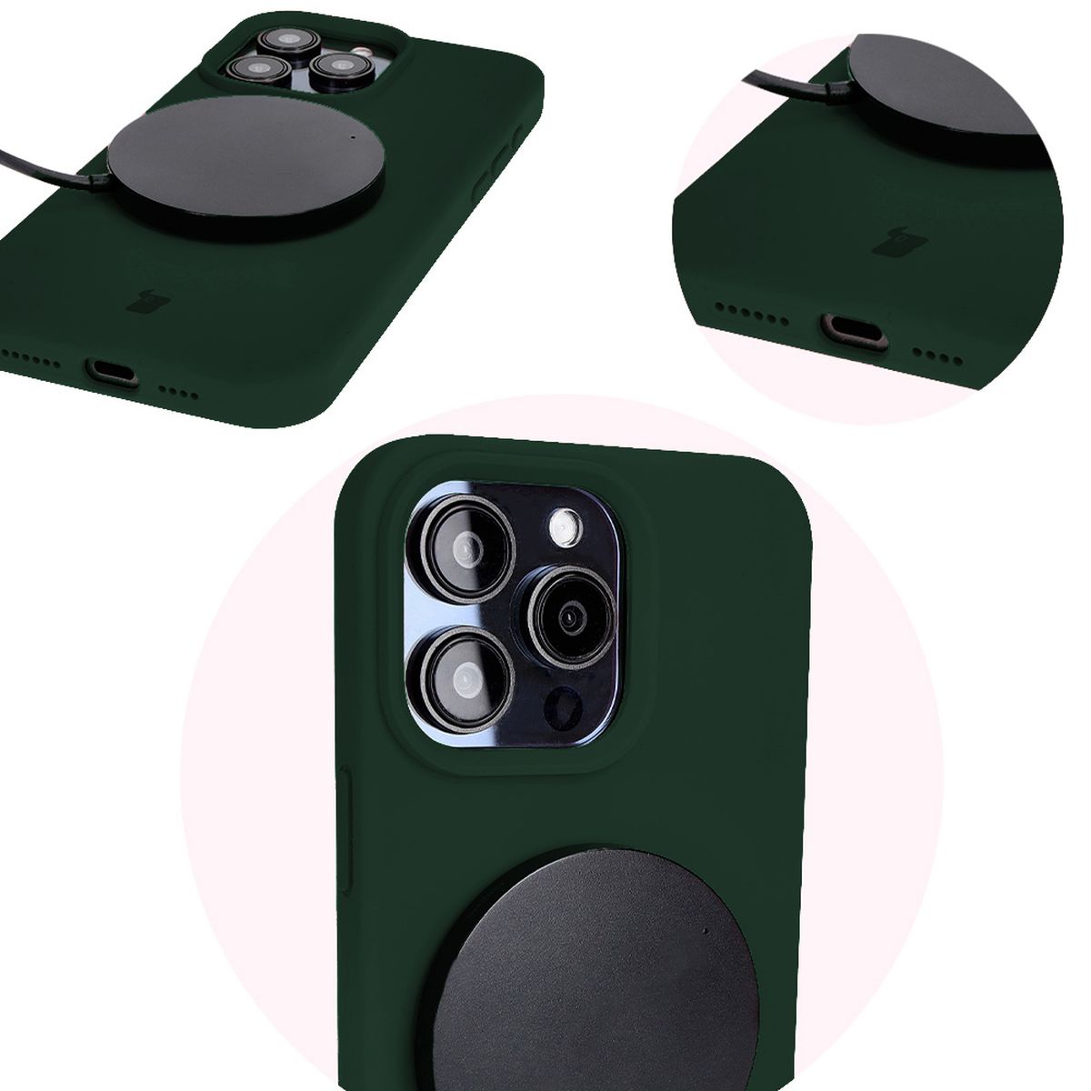Prim-plan pe decupajele precise și posibilitatea de încărcare wireless în husa Bizon Soft Case