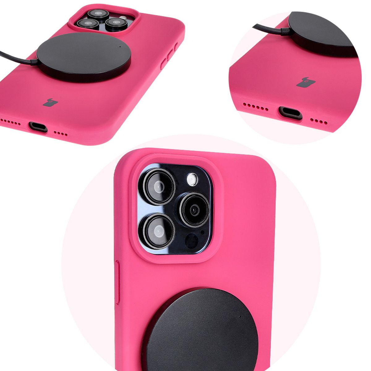 Prim-plan al decupajelor precise și posibilitatea de încărcare wireless în husa Bizon Soft Case