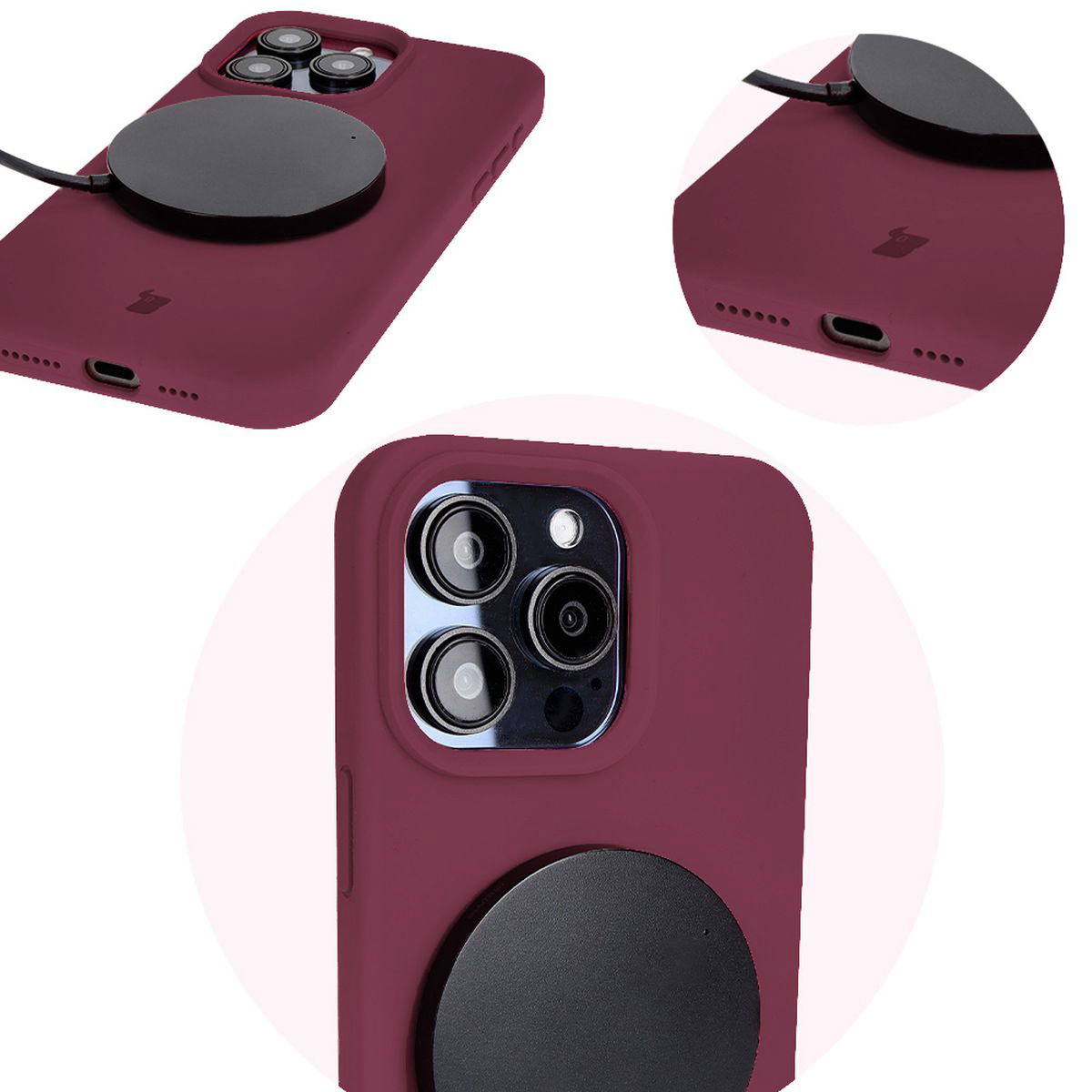 Prim-plan pe decupajele precise și posibilitatea de încărcare wireless în husa Bizon Soft Case