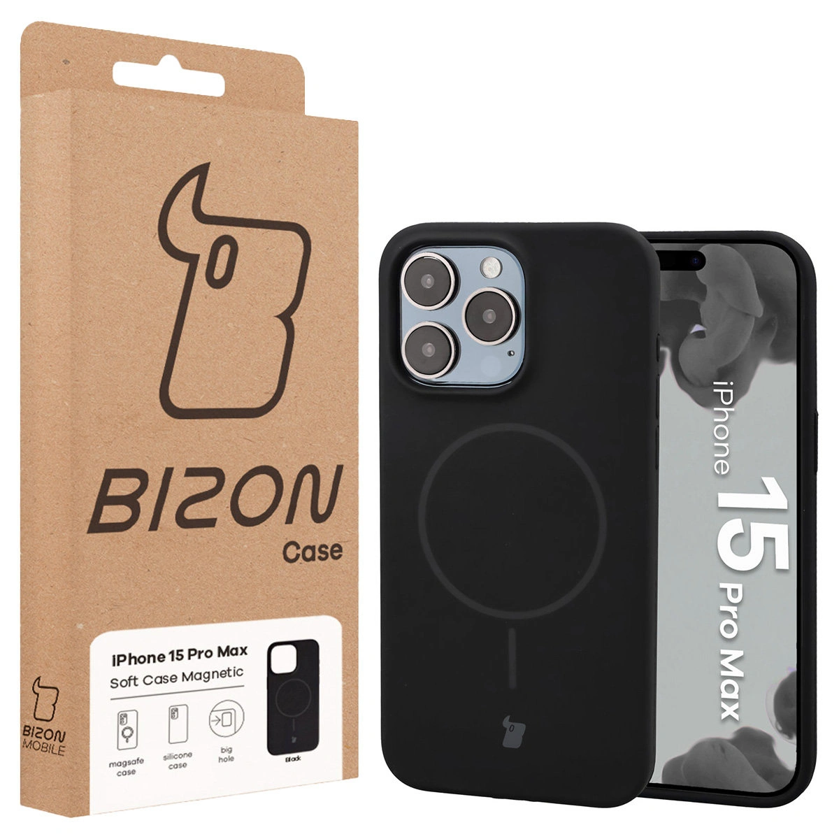 Przód pudełka Bizon Case z dedykowaną etykietą do Apple iPhone 15 Pro Max