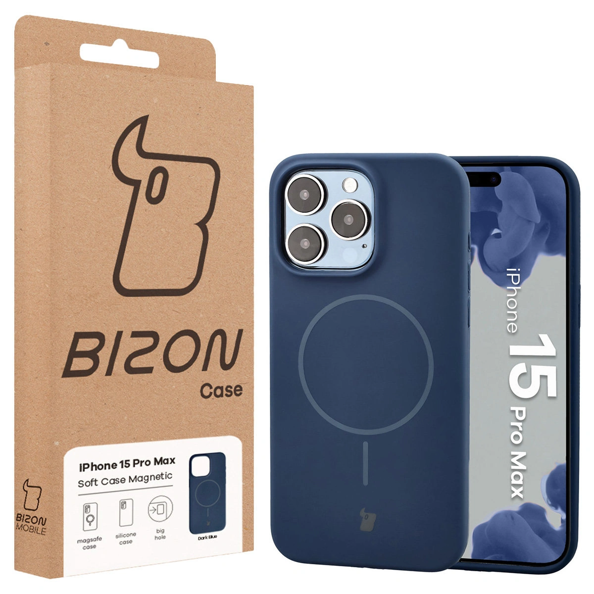 Przód pudełka Bizon Case z dedykowaną etykietą do Apple iPhone 15 Pro Max